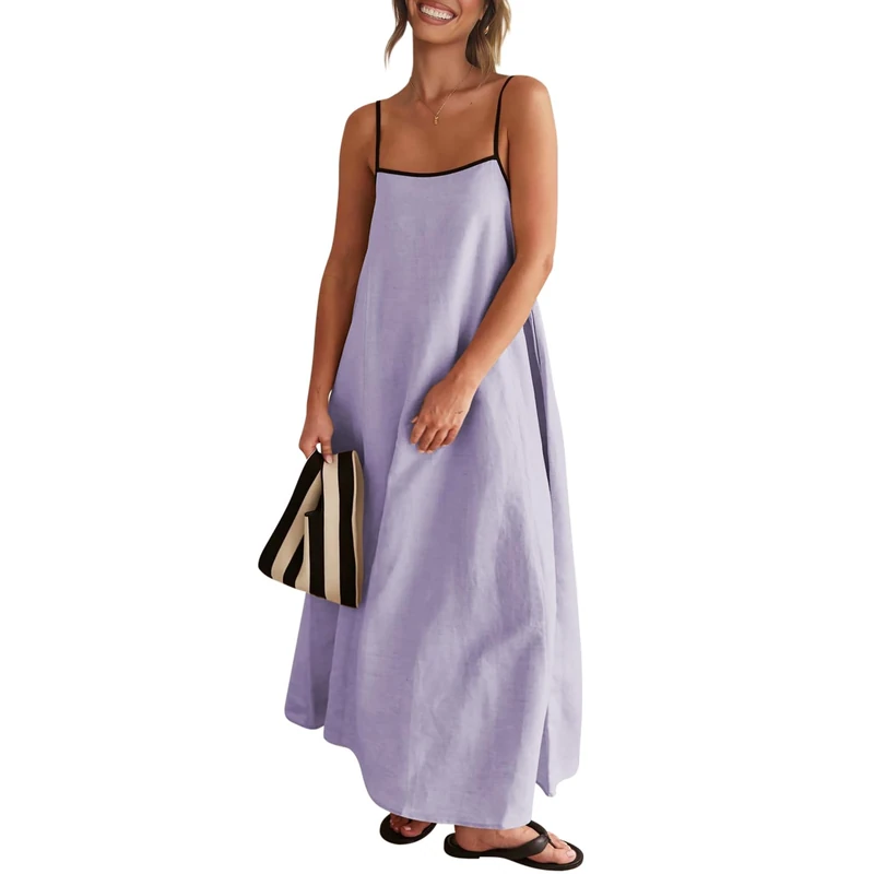 Senllen Women's Linen Dress Summer Loose Flowy Sundress Contrast Spaghetti Strap Sleeveless Backless Beach Maxi Long Dresses, Light Purple, L - Image 1