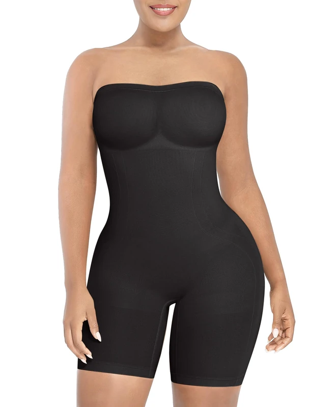 SHAPELLX Women's Shapewear Bodysuits Tummy Control Butt Lifter Body Shaper Strapless Seamless Mid Thigh Jumpsuit Tops, A2-black-pull on, 3X-Large-4X-Large