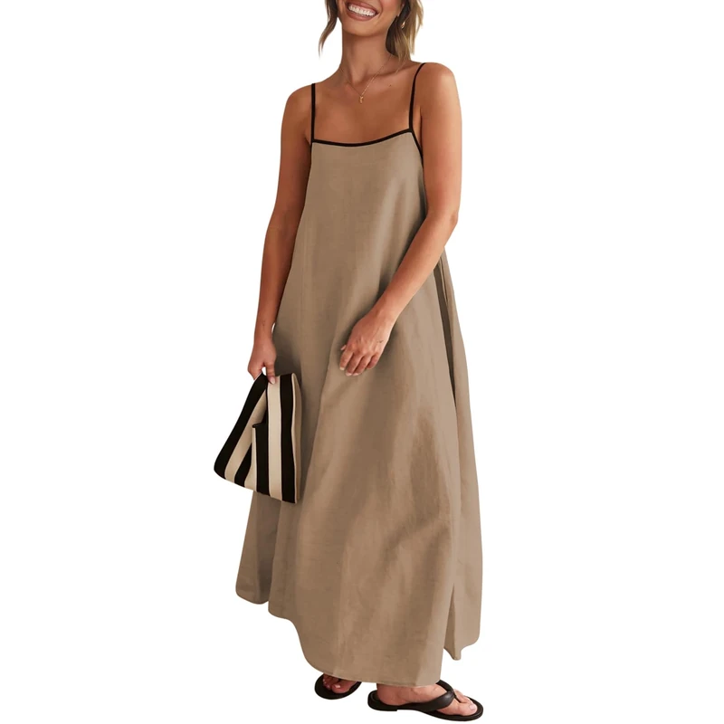 Senllen Women's Linen Dress Summer Loose Flowy Sundress Contrast Spaghetti Strap Sleeveless Backless Beach Maxi Long Dresses, Deep Apricot, M