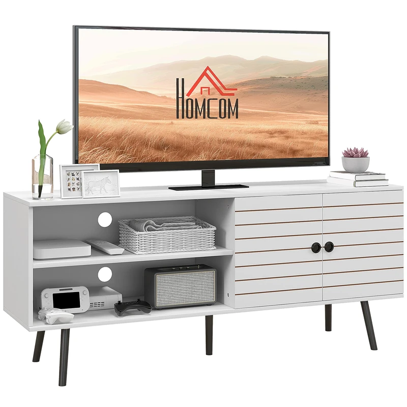 HOMCOM TV Stand Cabinet for 65 Inch TVs, TV Unit with Open Shelves, Soft-close Door and Cable Holes, Entertainment Unit for Living Room, White