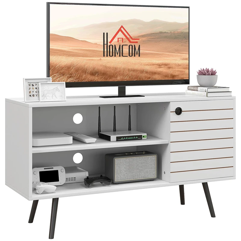 HOMCOM TV Stand Cabinet for 50 Inch TVs, TV Unit with Open Shelves, Soft-close Door and Cable Holes, Entertainment Unit for Living Room, White