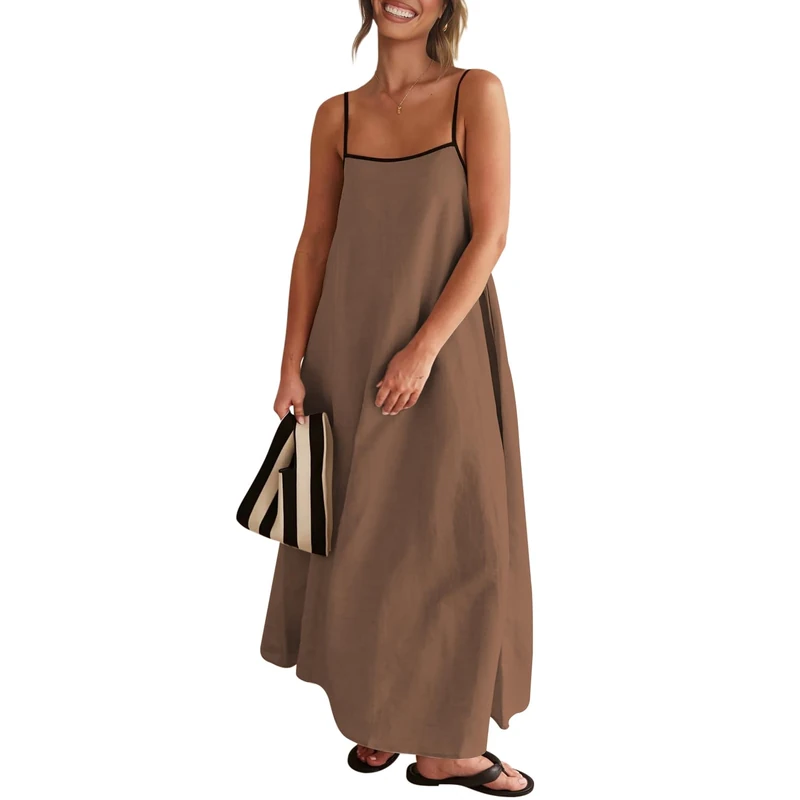 Senllen Women's Linen Dress Summer Loose Flowy Sundress Contrast Spaghetti Strap Sleeveless Backless Beach Maxi Long Dresses, Irish Coffee, L