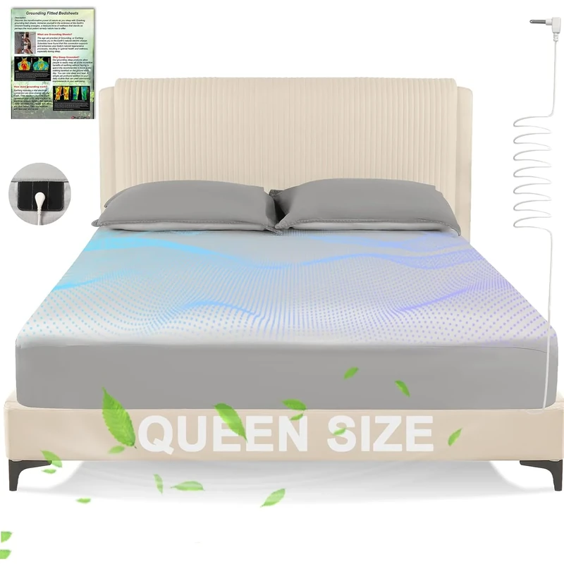 Grounding Sheets Queen Size, Earthing Grounded Fitted Bed Sheet 10% Pure Silver Fiber + 90% Organic Cotton Bed Grounding Kit with grounding Cord for Improved Sleep & Wellness(Gray,Queen - 80"x60"x15")