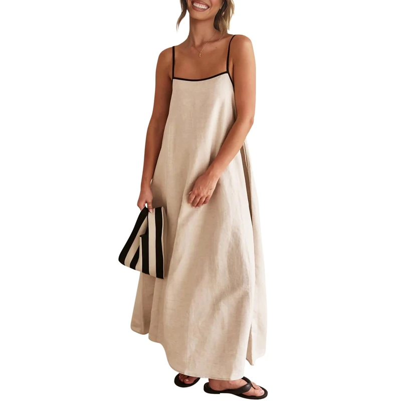 Senllen Women's Linen Dress Summer Loose Flowy Sundress Contrast Spaghetti Strap Sleeveless Backless Beach Maxi Long Dresses, Flaxen, L