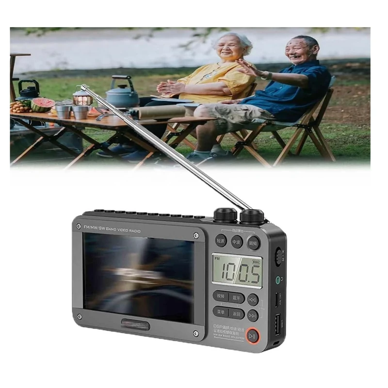 High-end Video Plug-in Bluetooth Pocket Full Band Video Radio, High-end Video Plug-in Bluetooth Pocket TV, Personal AM/FM Pocket Radio Portable, Support USB, TF Card, Antenna, for Campin (Gray)