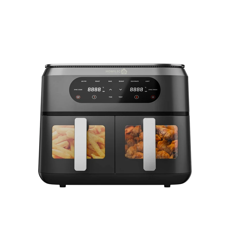 HOMILEC Dual Zone Digital Air Fryer, 9 L, 2 Drawers, 4.5 L Each, 6-in-1, No Oil, Air Fry, Crisp, Roast, Bake, Reheat, Dehydrate, Cooks 4-6 Portions, Non-Stick, Dishwasher Safe Baskets, Black