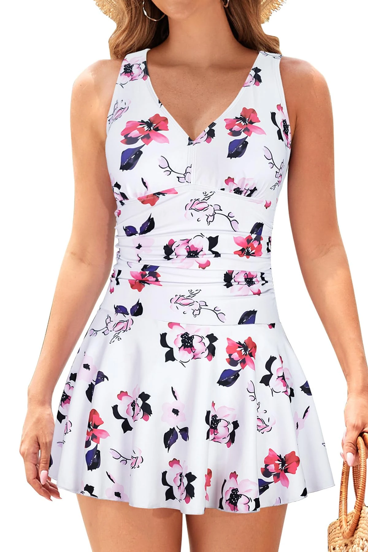 SHEKINI Womens One Piece Swim Dress with Skirt V Neck Criss Cross Back Swimwear Tummy Control Ruched Wrap Over Bathing Suit Swimming Costume with Shorts, White+Floral, Small