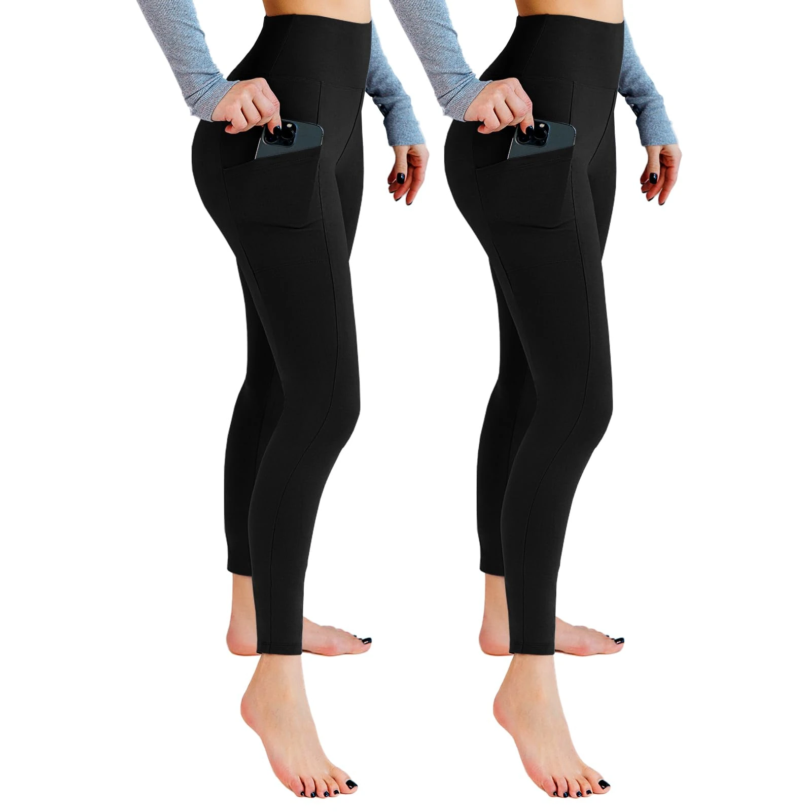 Leafigure 2 Pack Gym Leggings for Women High Waist Opaque Leggings with Pockets for Workout Sport Yoga Running Black LXL