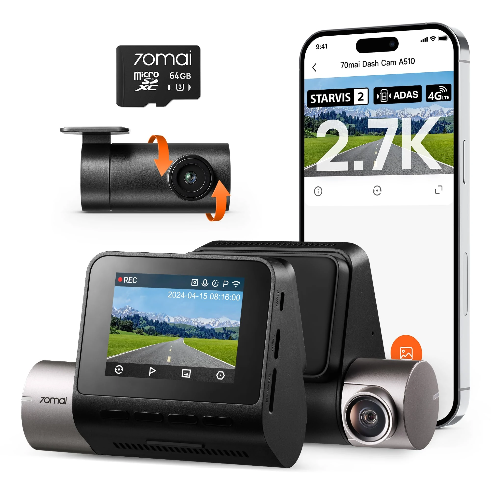 70mai 2.7K Dash Cam Front and Rear A510, 1944P+1080P Ultra Full HD Dual Car Camera with STARVIS 2 IMX675 and 64GB Card, Built-in GPS, 4G LTE, G-Sensor, ADAS, HDR, Night Vision, APP Control, Max 256GB