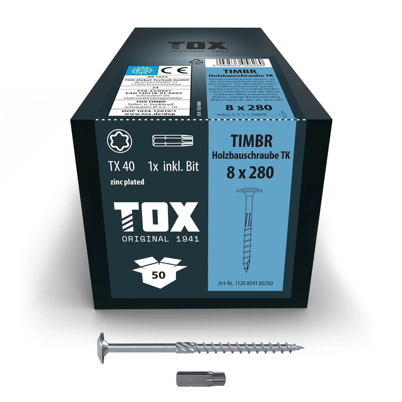 TOX Timbr TK 1120804180280 Wood Screws 8.0 x 280 mm, Blue Galvanised with Flat Head, TX40, Screws for Easy Screwing and High Load Capacity in Wood Construction, Pack of 50 in Box Including 1x Bit