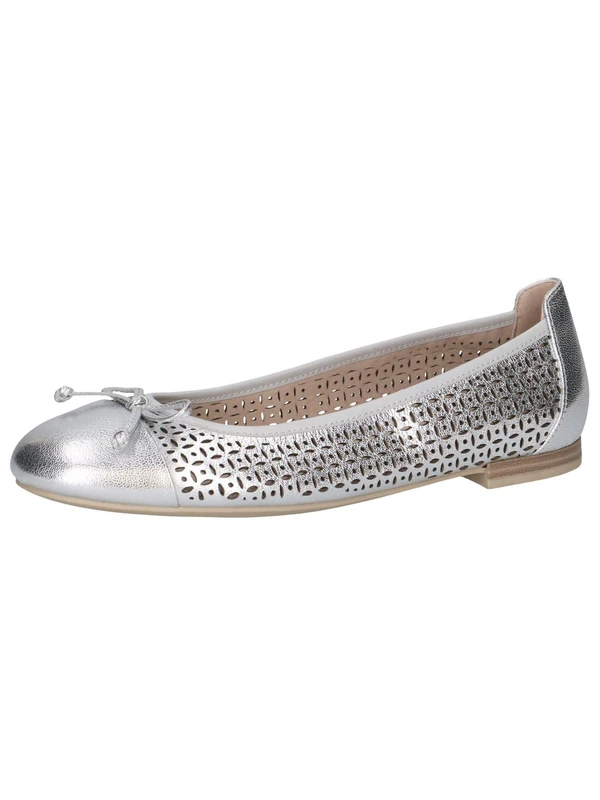 CAPRICE Women Ballet Flats Leather with Perforated Pattern, Silver (Silver Metal.), 4 UK