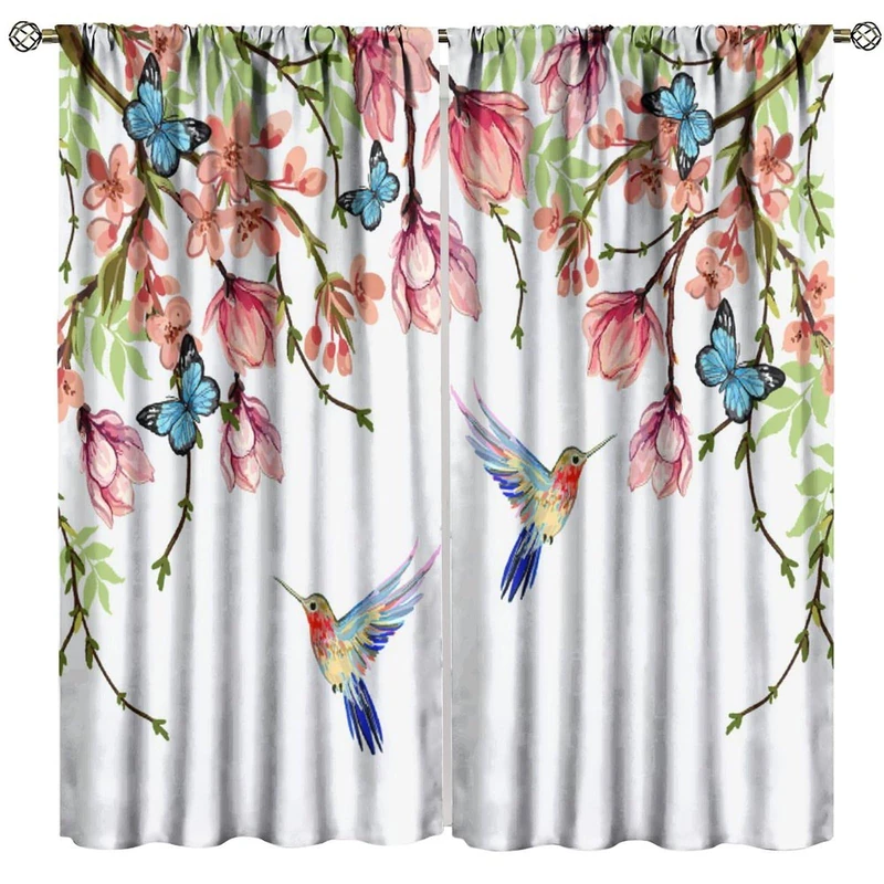 GoDazzling Spring Watercolor Flower Hummingbird Blackout Window Curtains, Butterfly Floral Bird Nature Theme Rod Pocket Window Drapes, for Living Room Bedroom 42x63in 2 Panels