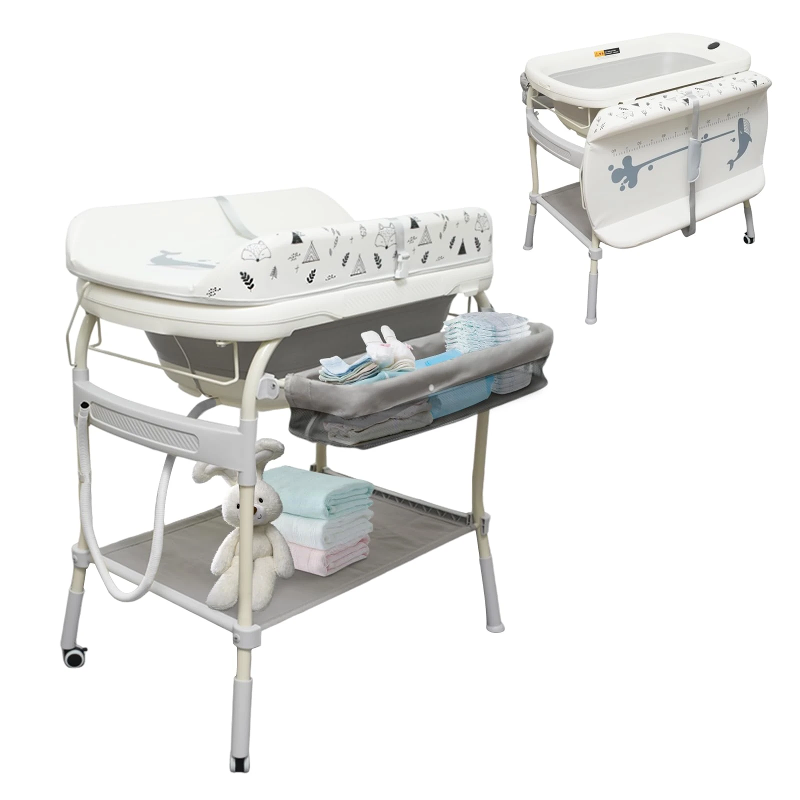 2 in 1 Baby Bathtub with Changing Table, DEYGIA Waterproof Diaper Changing Station Portable Changing Table Adjustable Height Nursery Organizer with Storage Racks for Newborn Infant Toddler