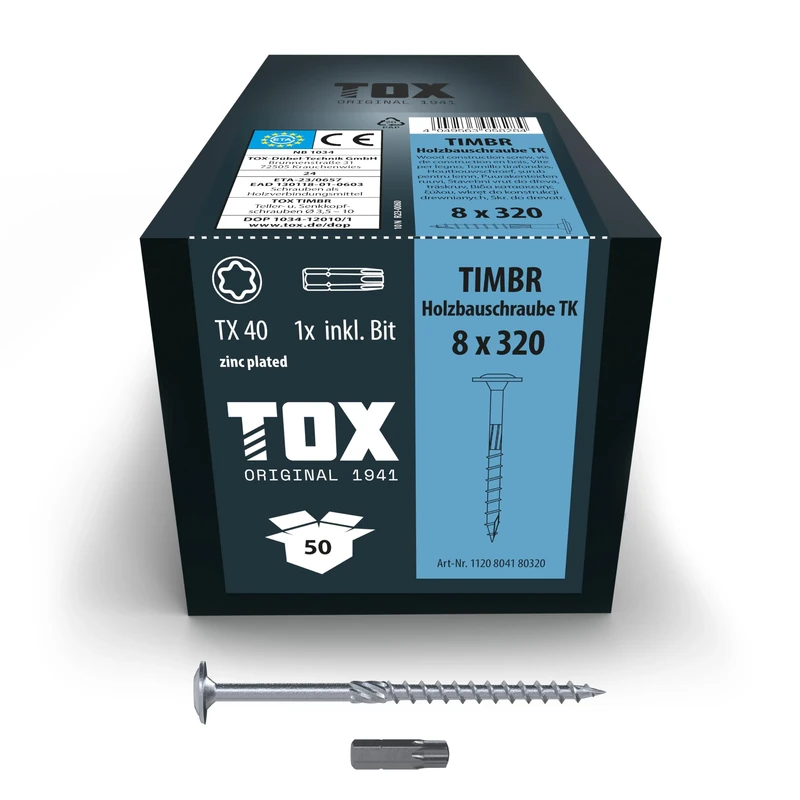 TOX Timbr TK 1120804180320 Wood Screws 8.0 x 320 mm, Blue Galvanised with Flat Head, TX40, Screws for Easy Screwing and High Load Capacity in Wood Construction, Pack of 50 in Box Includes 1x Bit