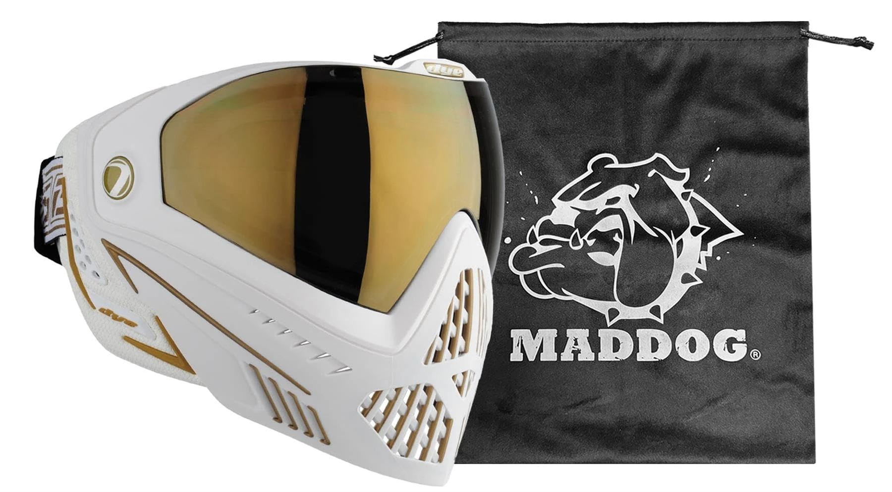 Maddog Dye i5 Thermal Dual-Pane Anti-Fog Lens Paintball Airsoft Mask Goggle System Combo with Microfiber Storage Bag | High Performance Safety Certified Protection - White/Gold
