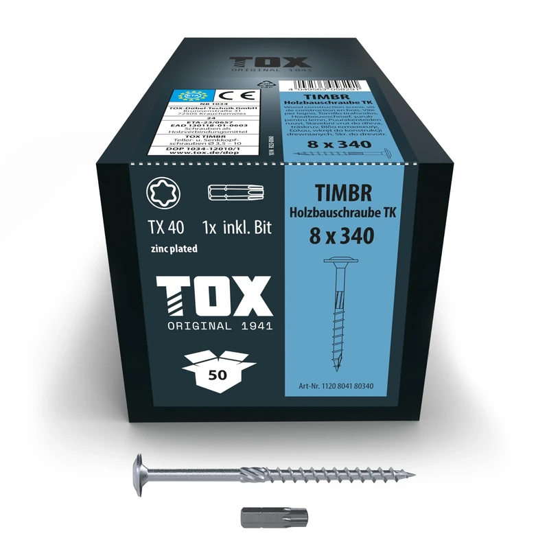 TOX Timbr TK 1120804180340 Wood Screws 8.0 x 340 mm, Blue Galvanised with Flat Head, TX40, Screws for Easy Screwing and High Load Capacity in Wood Construction, Pack of 50 in Box Including 1x Bit