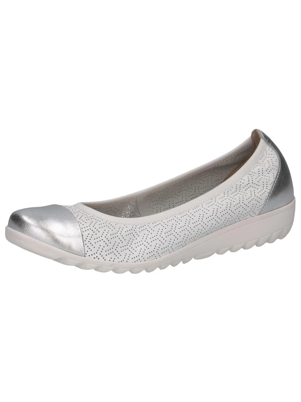 CAPRICE Women Ballet Flats Leather Round Toe, White (White/Silver), 8 UK