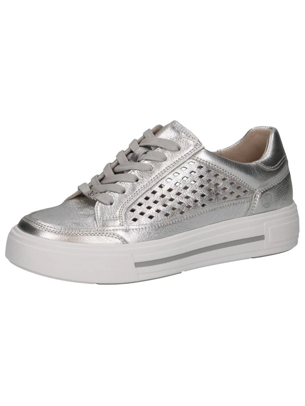 CAPRICE Women's Platform Trainers Leather with Hole Pattern, Silver Metal., 4.5 UK