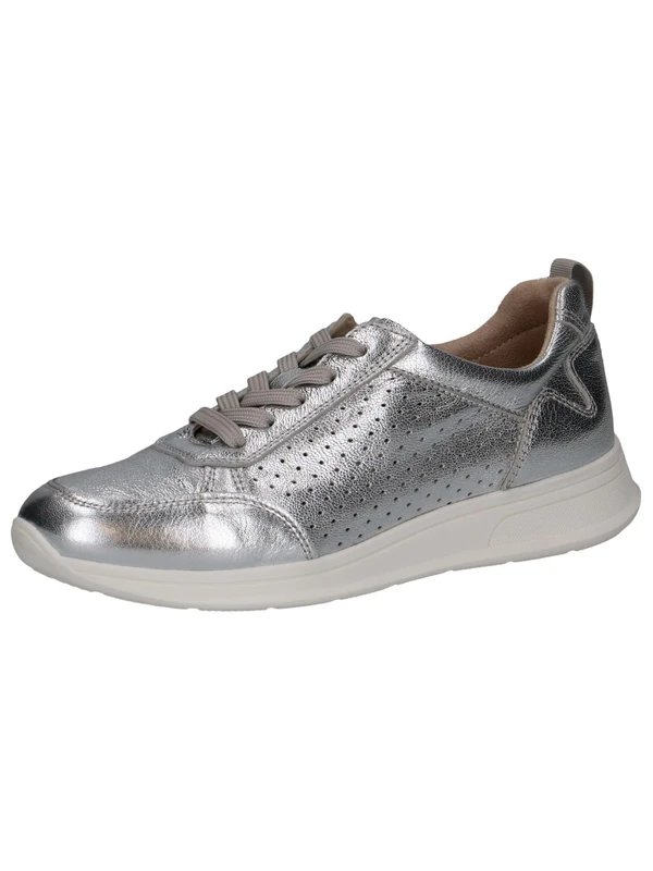 CAPRICE Women's Flat Leather Sneakers with Perforated Design, Silver (Silver Metal.), 4 UK