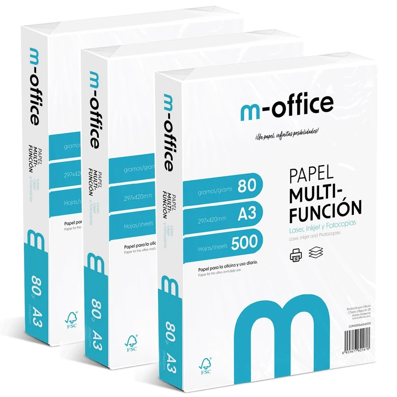 A3 80g Paper Pack 3 Packs of 500 Sheets Multifunction Inkjet Laser Printer Paper A4 297x420mm Ideal for Office and Home · M-Office (1500 Sheets)