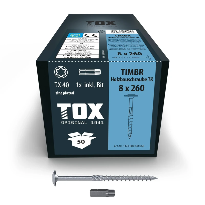 TOX Timbr TK 1120804180260 Wood Screws 8.0 x 260 mm, Blue Galvanised with Flat Head, TX40, Screws for Easy Screwing and High Load Capacity in Wood Construction, Pack of 50 in Box Including 1x Bit