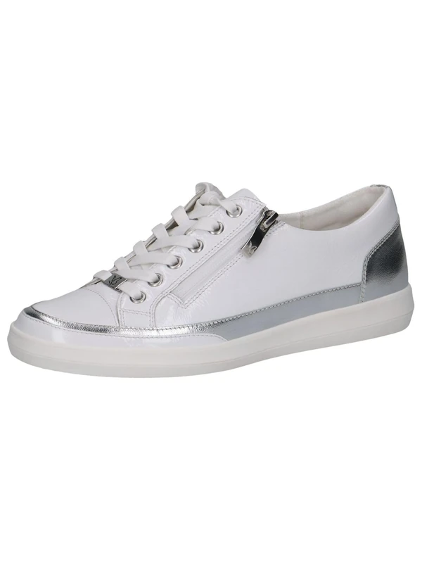 CAPRICE Women's Flat Leather Zip Up Trainers, White Silver, 8 UK