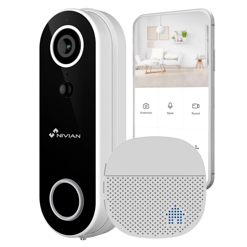 NIVIAN - WiFi Smart Video Doorbell with Full HD Camera, Two-Way Audio, Motion Detection, Night Vision, Rechargeable Battery, Compatible with Tuya App, Alexa and Google