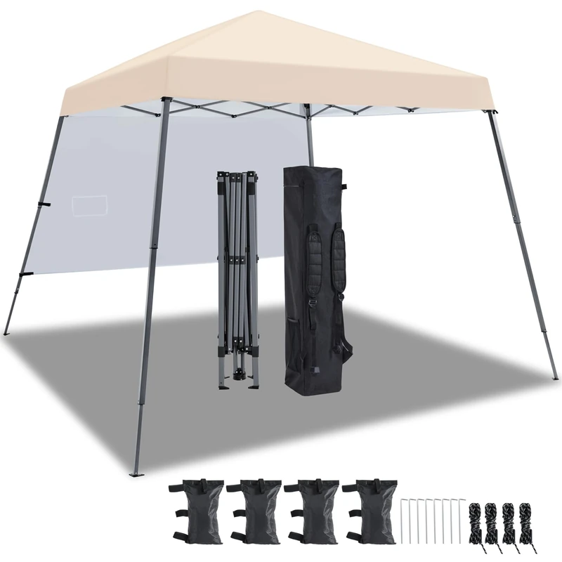 Yaheetech Pop Up Gazebo 3x3M with 1 Side Panel, Portable Backpack Bag, 4 Sandbags, 4 Ropes & 8 Stakes, Slant Leg, Beige