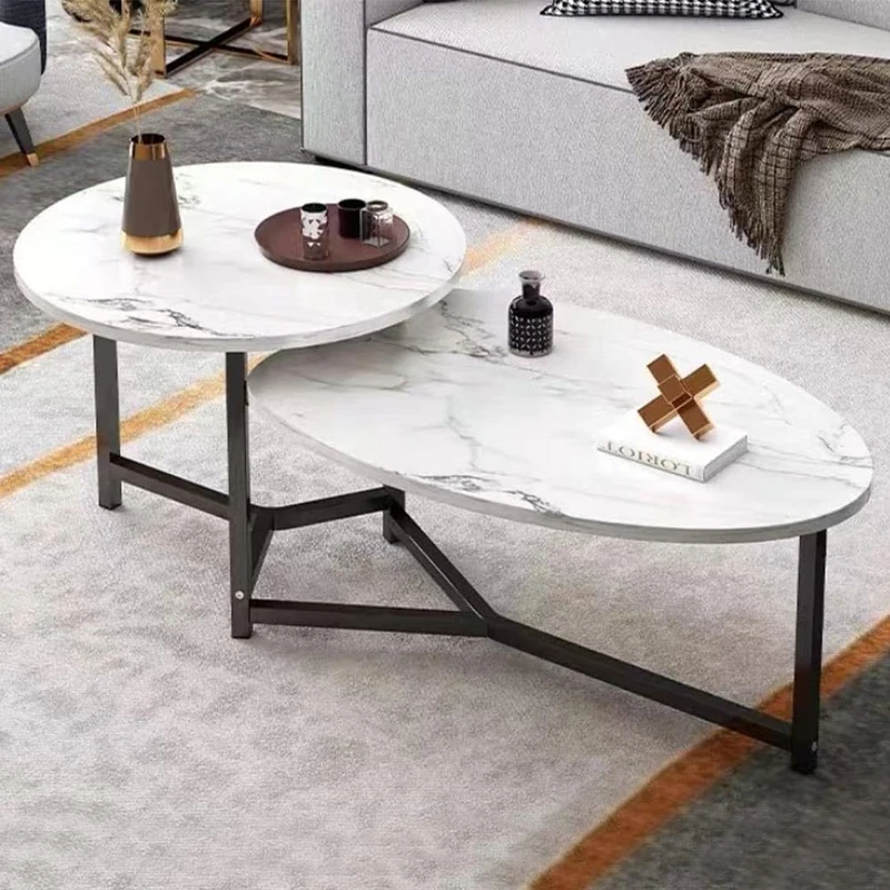 Shally Dogan Coffee Table with 2 Shelves Design Luxury Marble Effect, Elegant Premium Low Table Round and Oval 2 Levels, Ideal for Living Room, Living Room, Office (White)