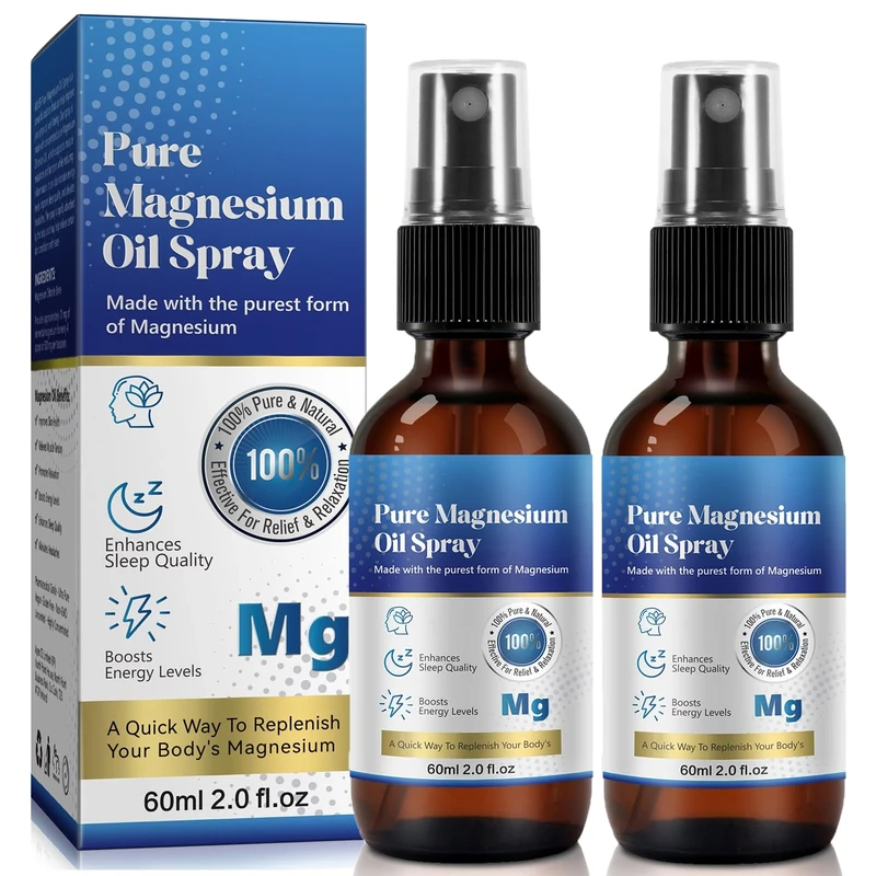 Magnesium Oil Spray 2 Pack, Magnesium Oil for Feet, Pure Magnesium Oil Spray for Sleep, Topical Magnesium Spray, 100% Pure and Organic, Glass Bottle, Travel Size 60ml