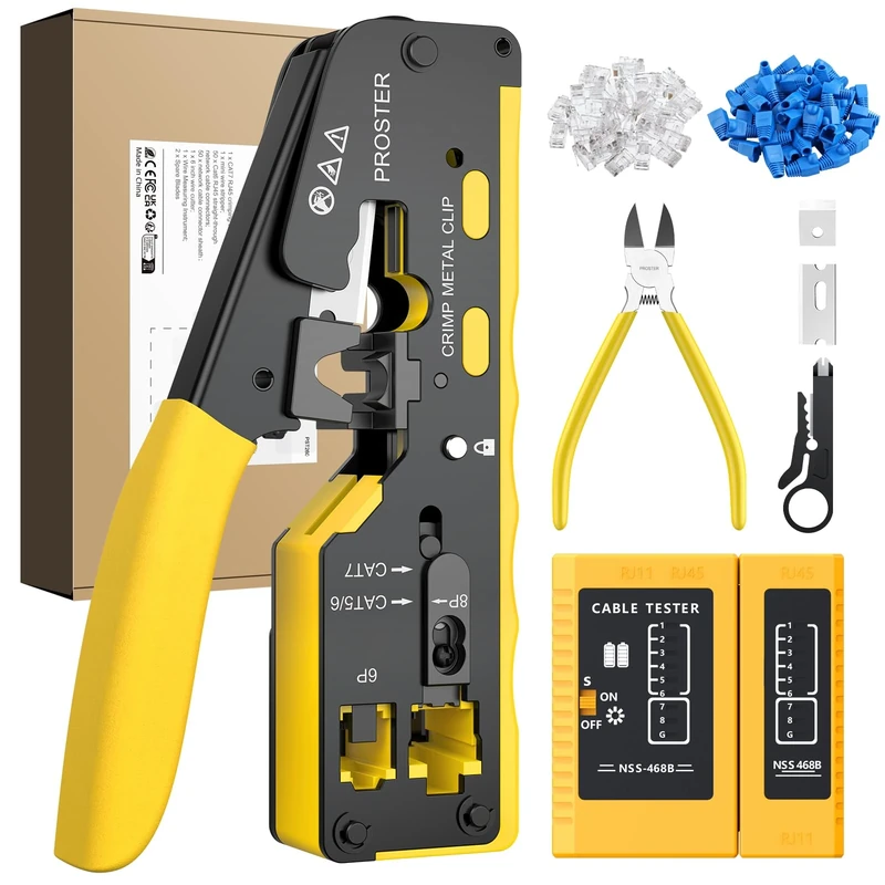Proster RJ45 Crimp Tool Kit - Cat7 Crimping Tool for 8P RJ45 CAT5 Cat6 CAT7 & 6P RJ11 RJ12 Connector RJ45 Crimping Tool with Network Cable Tester 50PCS Pass Through Connectors 50PCS Protective Covers