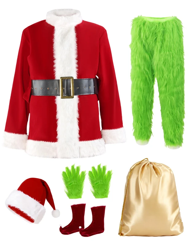 Buheco Christmas Costume for Men 7PCS Deluxe Adult Santa Green Big Monster Suit Furry Xmas Halloween Cosplay Holiday Outfit XL