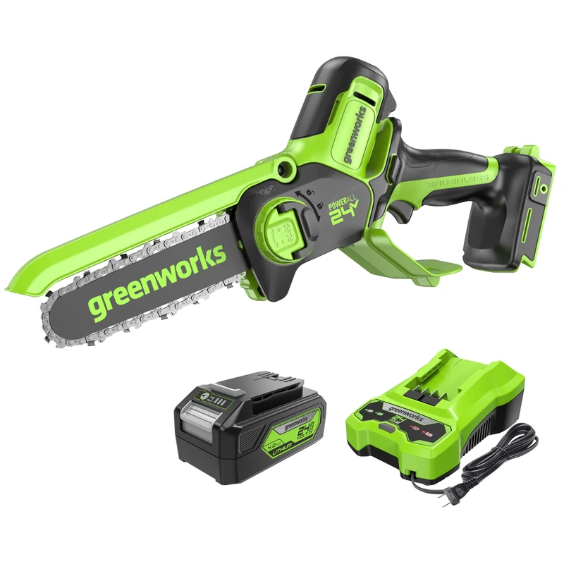 Greenworks 24V Mini Chainsaw 4 Inch (10cm) Cordless Battery Powered Chainsaw with 4Ah Battery, 7.8m/s Chain Speed Electric Chainsaw for Tree Branches, Garden Cutting, Courtyard & Household
