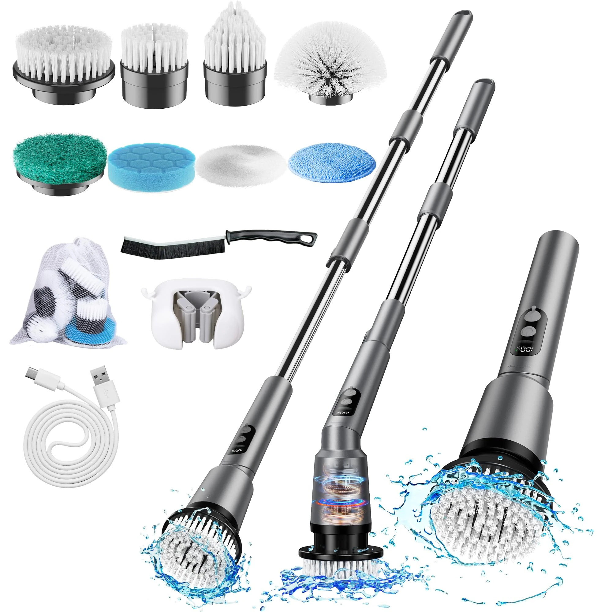 Cordless Electric Spin Scrubber, 3-Speed Adjustable Cleaning Brush with 8 Brush Heads, Perfect for Bathroom, Kitchen, Tile, Floor & Bathtub (Grey)
