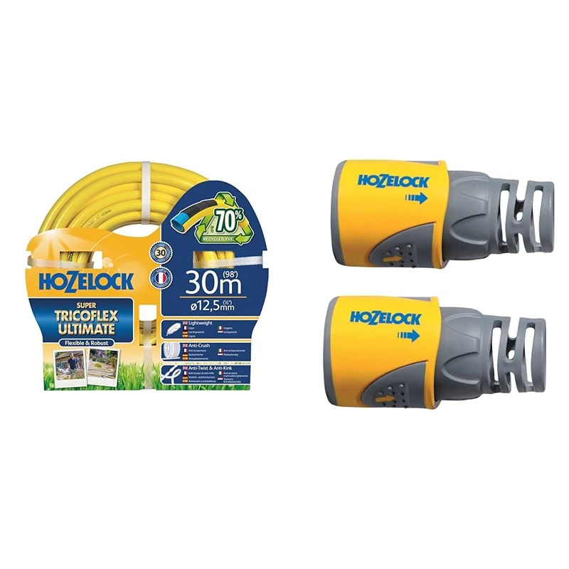 HOZELOCK - Ultimate Hose : Premium Super Tricoflex ø 12.5mm (1/2") 30m with Hose Connector Plus ø 12.5mm - 15mm (1/2"- 5/8") Soft Touch x2