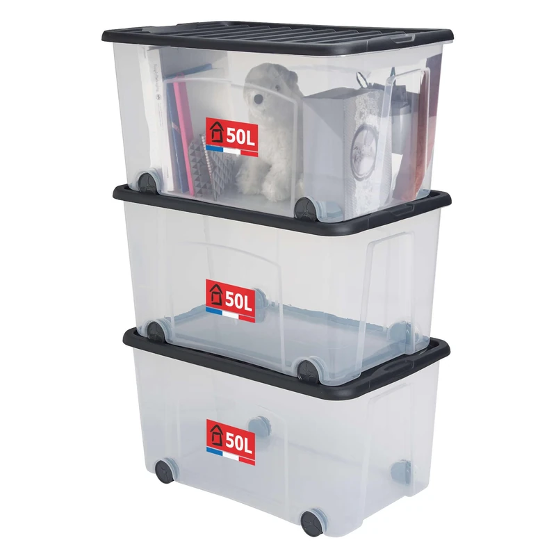 Sundis Ventilo, Set of 3 Storage Boxes with Lid and Wheels 50L Clear Plastic Stackable Stackable Storage Boxes for Bedroom, Toys, Office, Laundry - Black