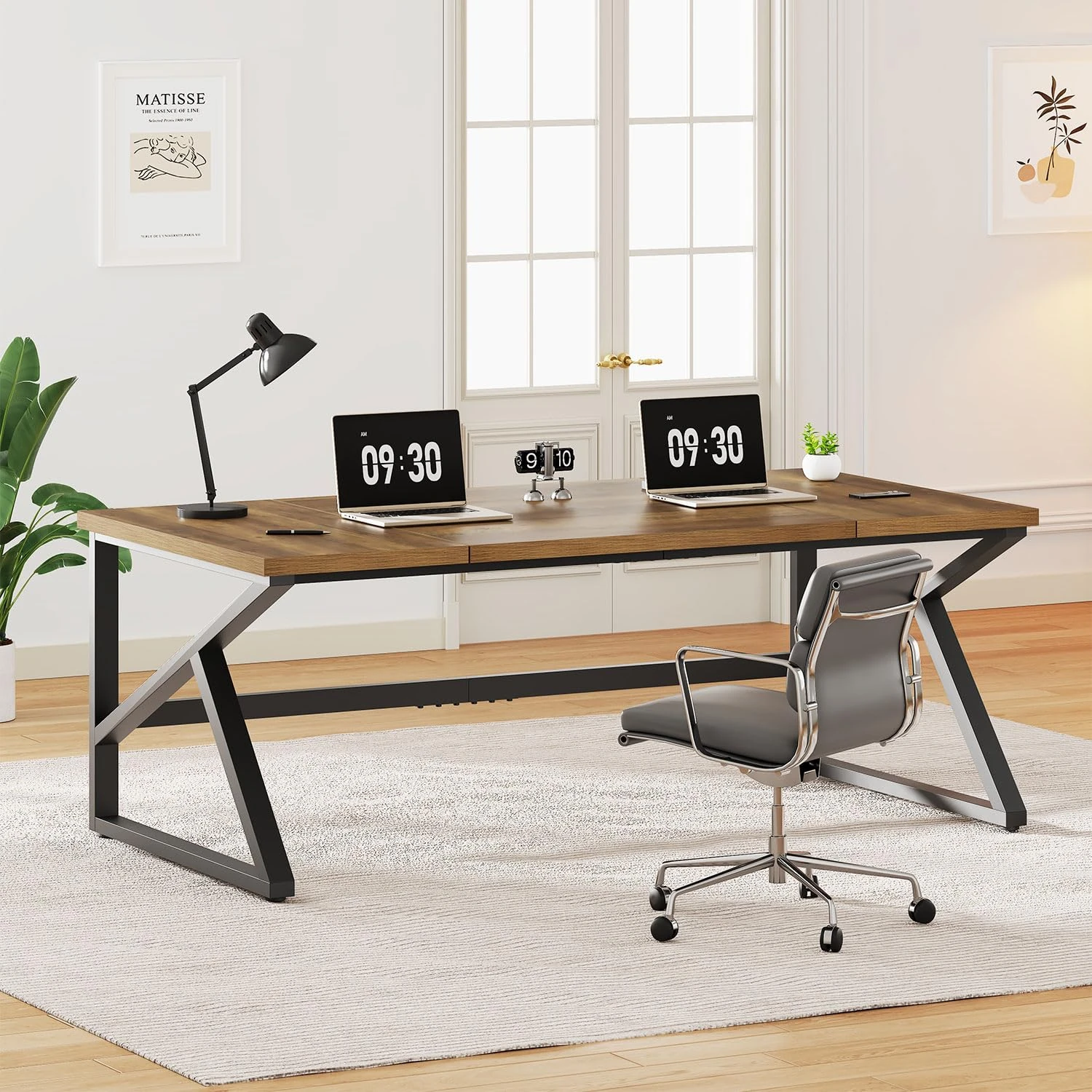 IBF 180cm Large Computer Desk, Rustic Long Home Office Metal Wood Desk, Industrial Big 2 Person Desk Table for Executive Writing Study Gaming Workstation, Farmhouse Bedroom PC Laptop Double Desk