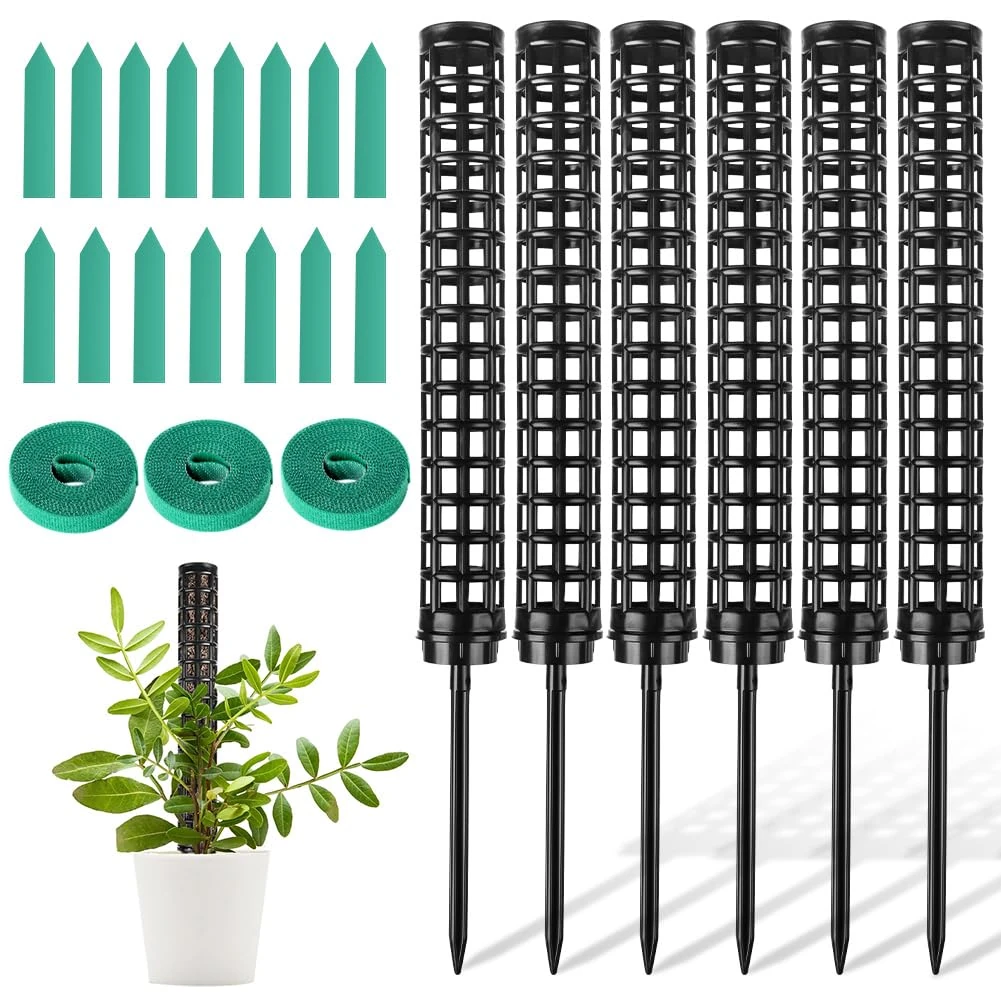 OFFCUP Plastic Moss Poles, 6x 25cm/ 50cm Monstera Plant Support for Climbing Plants, Plant Poles with Cable Ties & Labels, Plant Stakes for Indoor Outdoor Plants (Black)