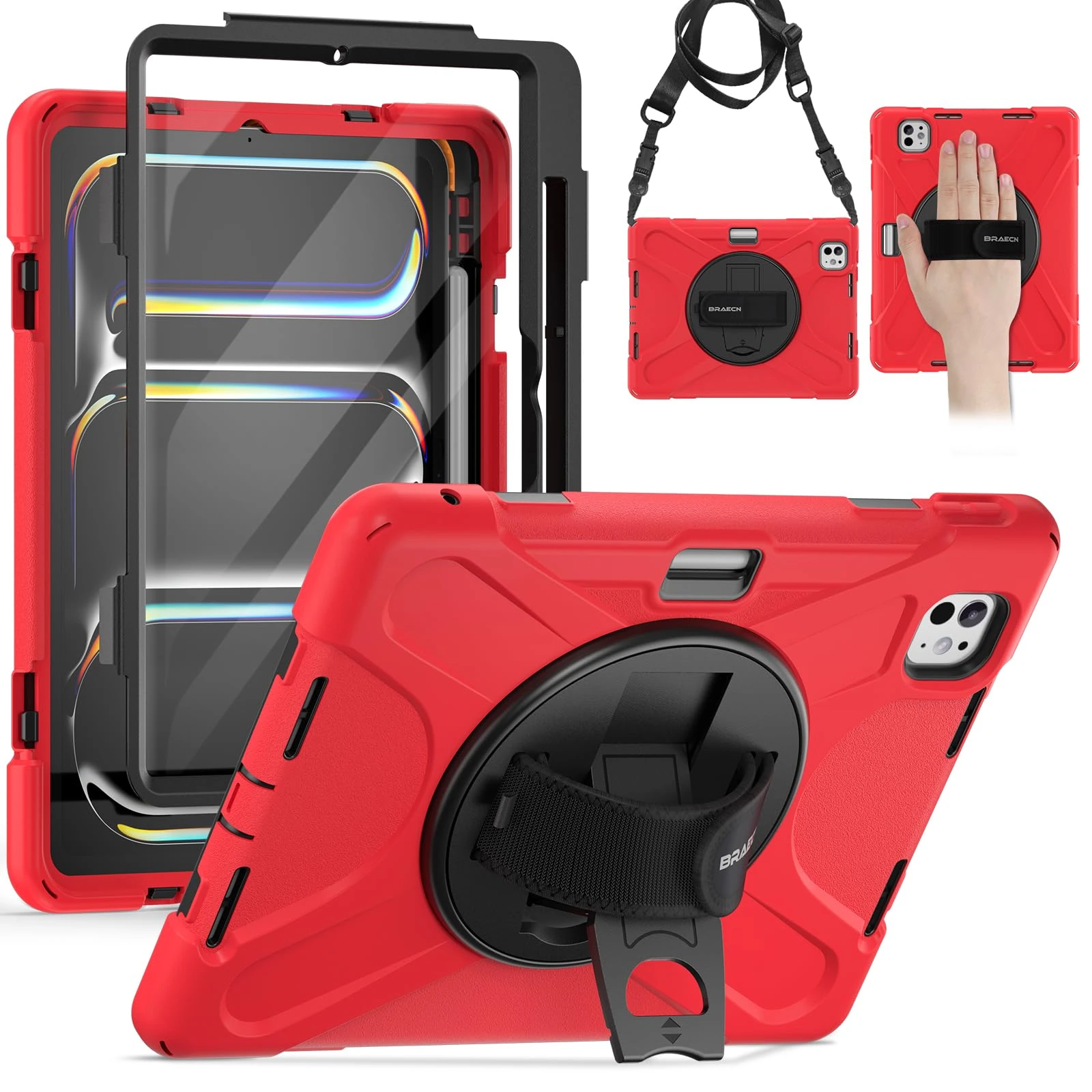 BRAECN for iPad Pro 11 inch Case M5/M4 2025/2024, Heavy Duty Shockproof Rugged Protective Cover with Screen Protector, 360°Rotating Stand, Pencil Holder & Shoulder Strap Full Body Cover Kids Friendly