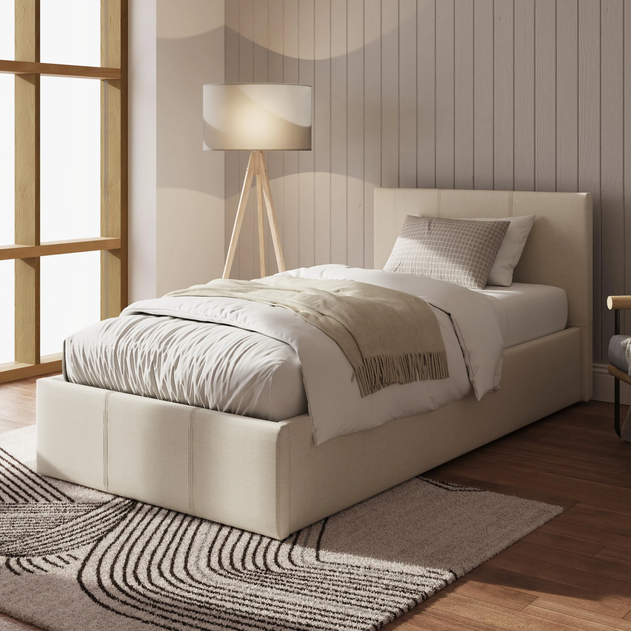 GFW Fabric Upholstered Ottoman Storage Bed With Gas Side Lift & Under Bed Storage, Natural, 3ft Single