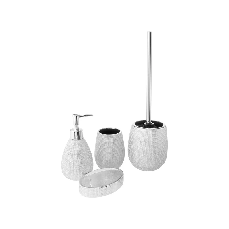 Avilia Silver Ceramic Bathroom Accessory Kit - 4-Piece Toilet Set, with Dispenser, Toothbrush Holder, Soap Dish, Brush Holder