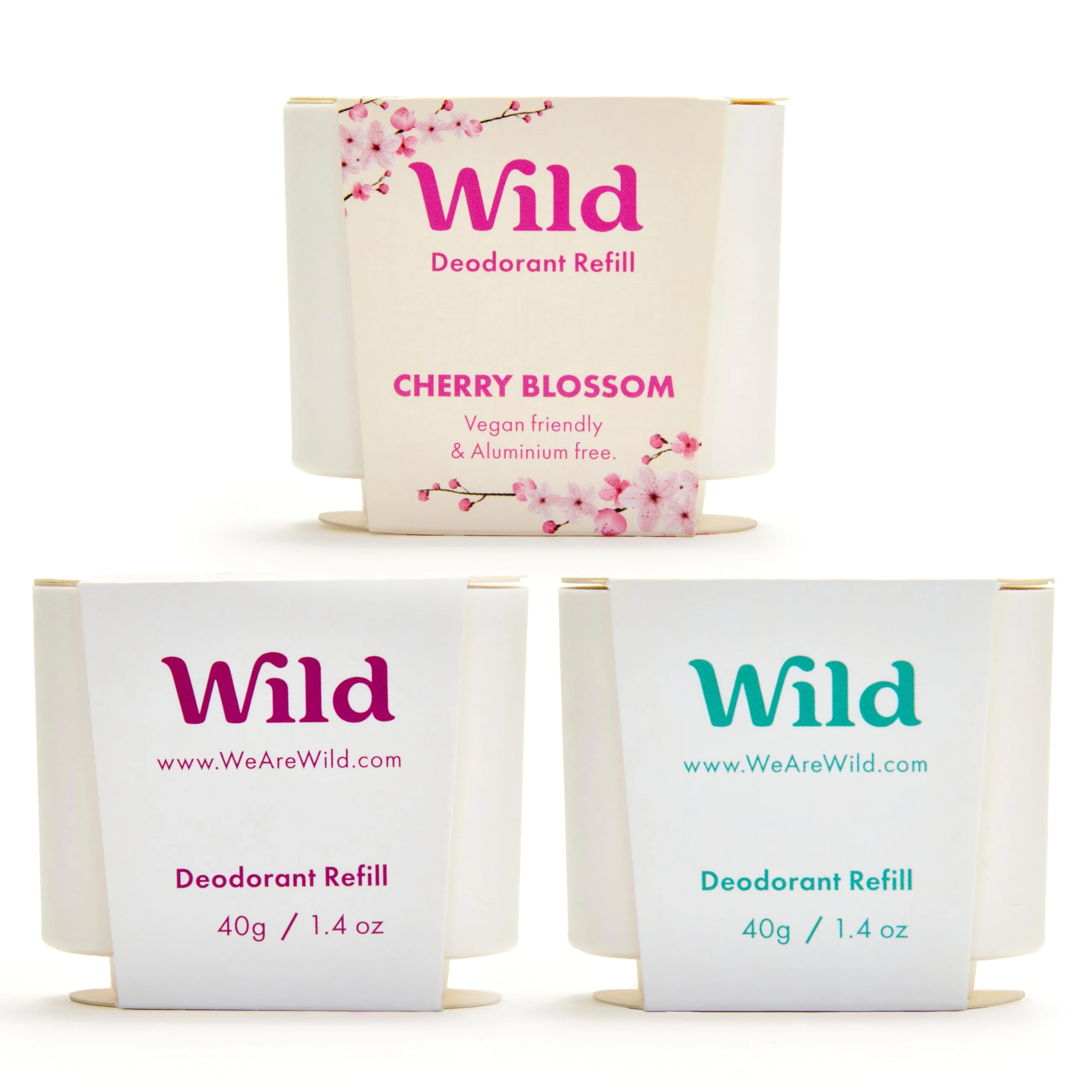 Wild - Natural Refillable Deodorant Variety Pack - Aluminium Free - Scents Include Fresh Cotton & Sea Salt, Cherry Blossom and Coconut & Vanilla Scents - Long Lasting Protection