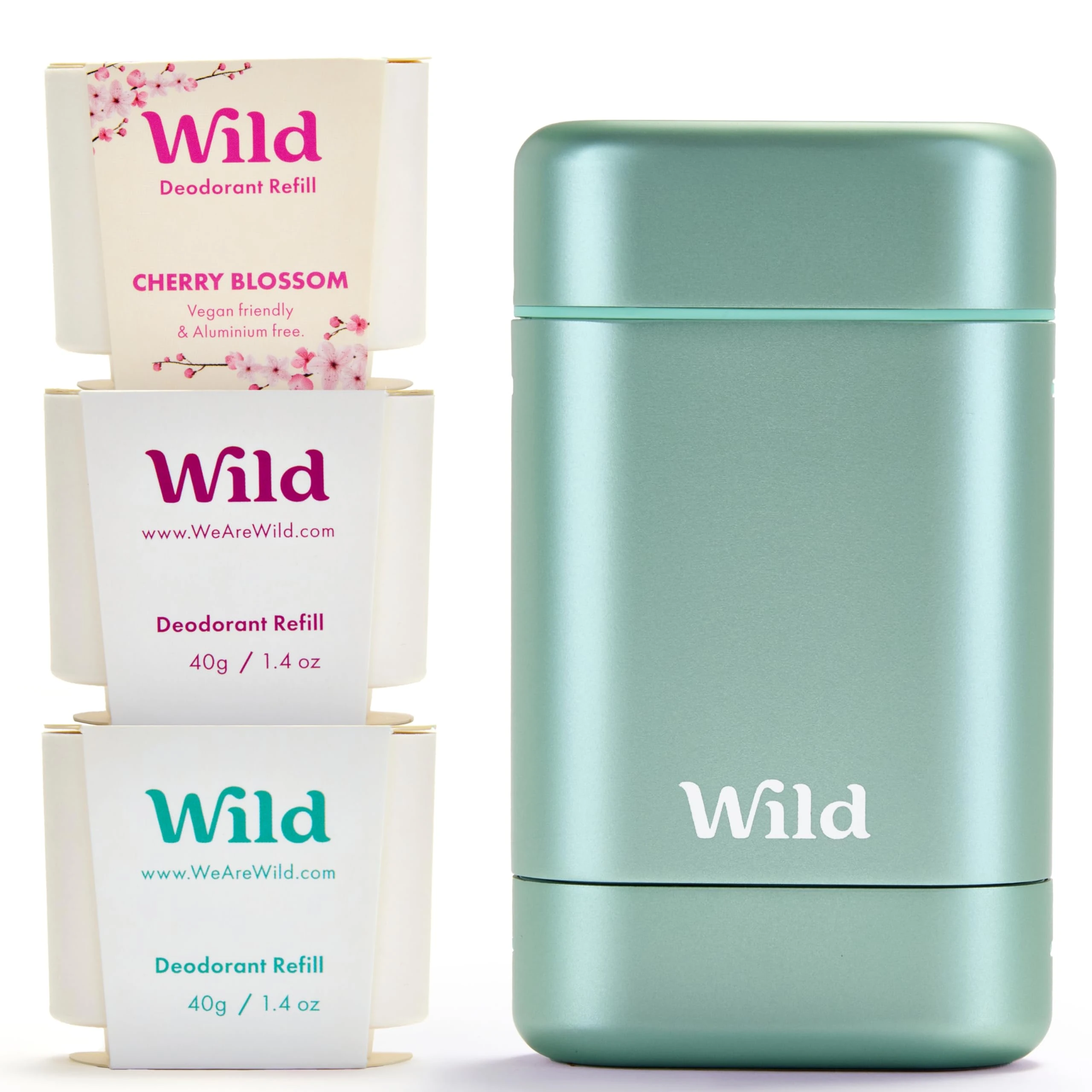 Wild - Aqua Case with Refill Variety Pack (3 x 40g) - Natural Refillable Deodorant - Aluminium Free - Includes Fresh Cotton & Sea Salt, Cherry Blossom and Coconut & Vanilla Scents - Vegan