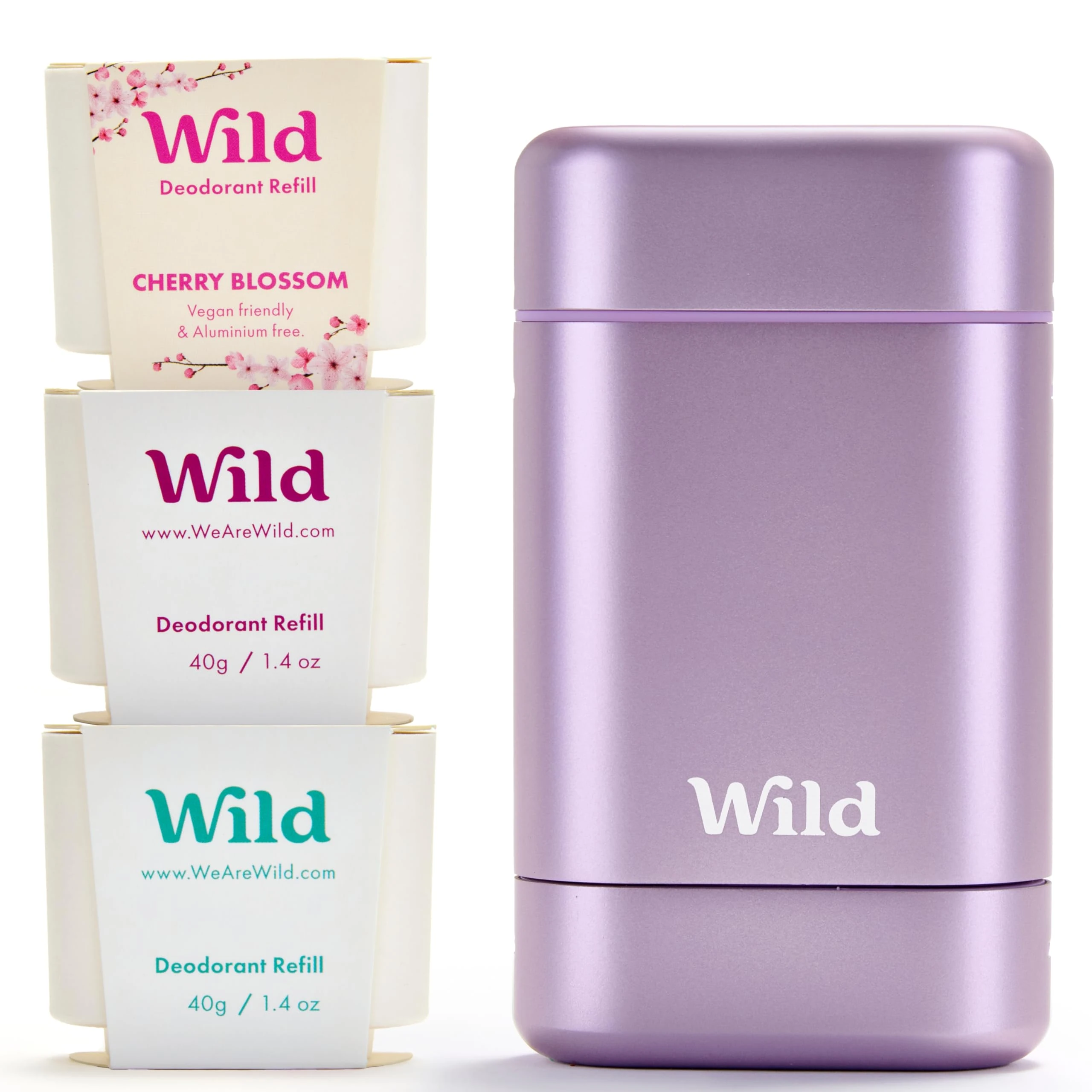 Wild - Purple Case with Refill Variety Pack (3 x 40g) - Natural Refillable Deodorant - Aluminium Free - Includes Fresh Cotton & Sea Salt, Cherry Blossom and Coconut & Vanilla Scents - Vegan