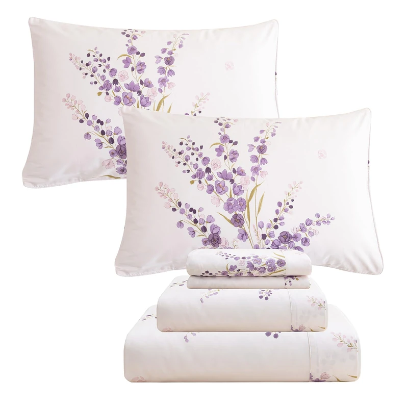 QSH Lavender Floral Bed Sheets Queen Size - 100% Egyptian Cotton Sheets Purple Flower Printed Bedding Sheets Queen Size Bed 4pcs Deep Pockets Bed Sheets