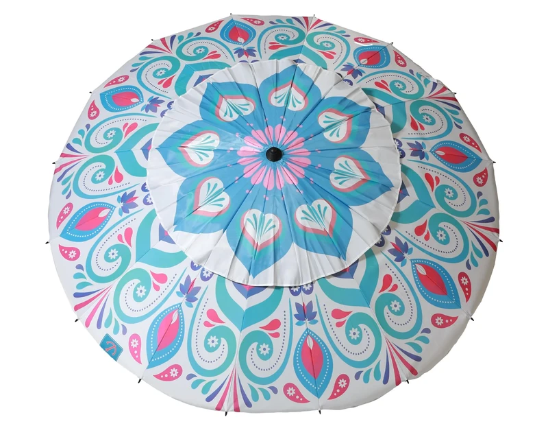 Atosa Mandala Floral Aluminum Reclining Beach Umbrella with UPF 50+ Sky Blue