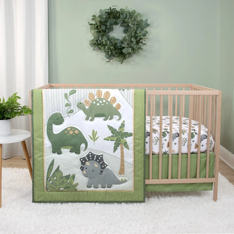 The Peanutshell Baby Crib Bedding Set for Boys, Dinosaur Nursery Decor, Camo Sage Green, Crib Comforter Set, 3 Pieces