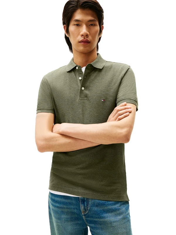 Tommy Hilfiger Men's Short Sleeve Polo Shirts in Slim Fit with Stretch and Organic Pique Cotton, Utility Olive Heather, Large