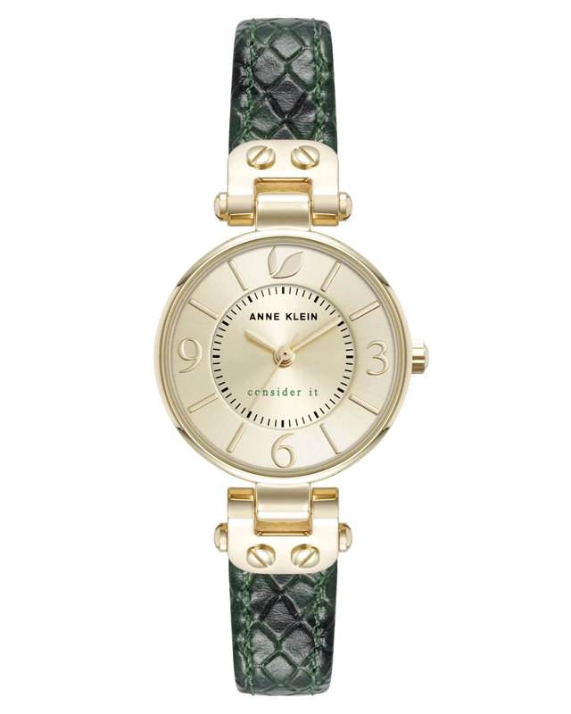 Anne Klein Women's Sustainable Leather Strap Watch, AK/5144,Green/Gold