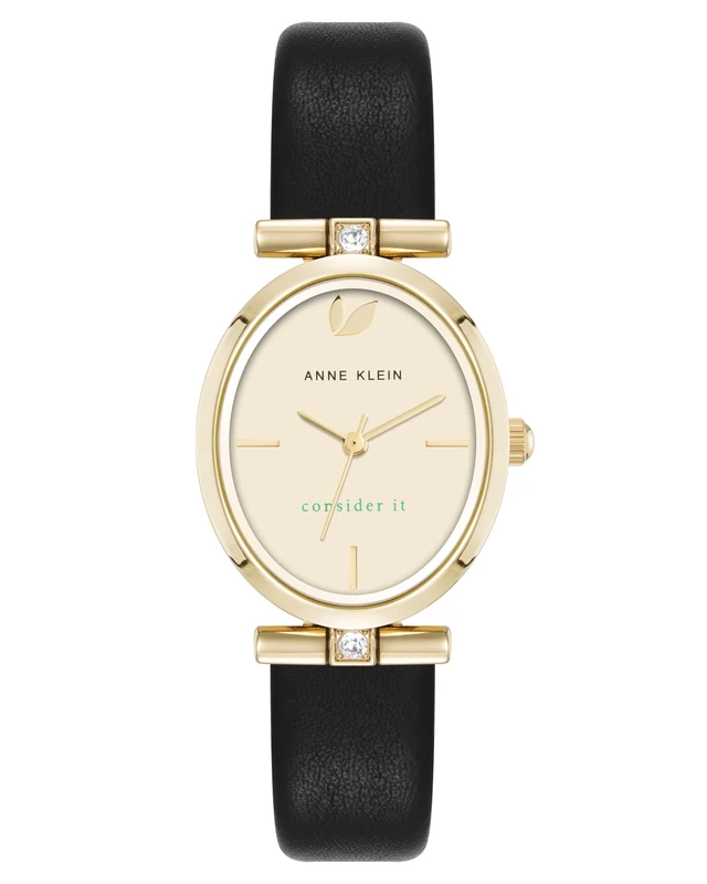 Anne Klein Women's Premium Crystal Accented Sustainable Leather Strap Watch,Black/Gold